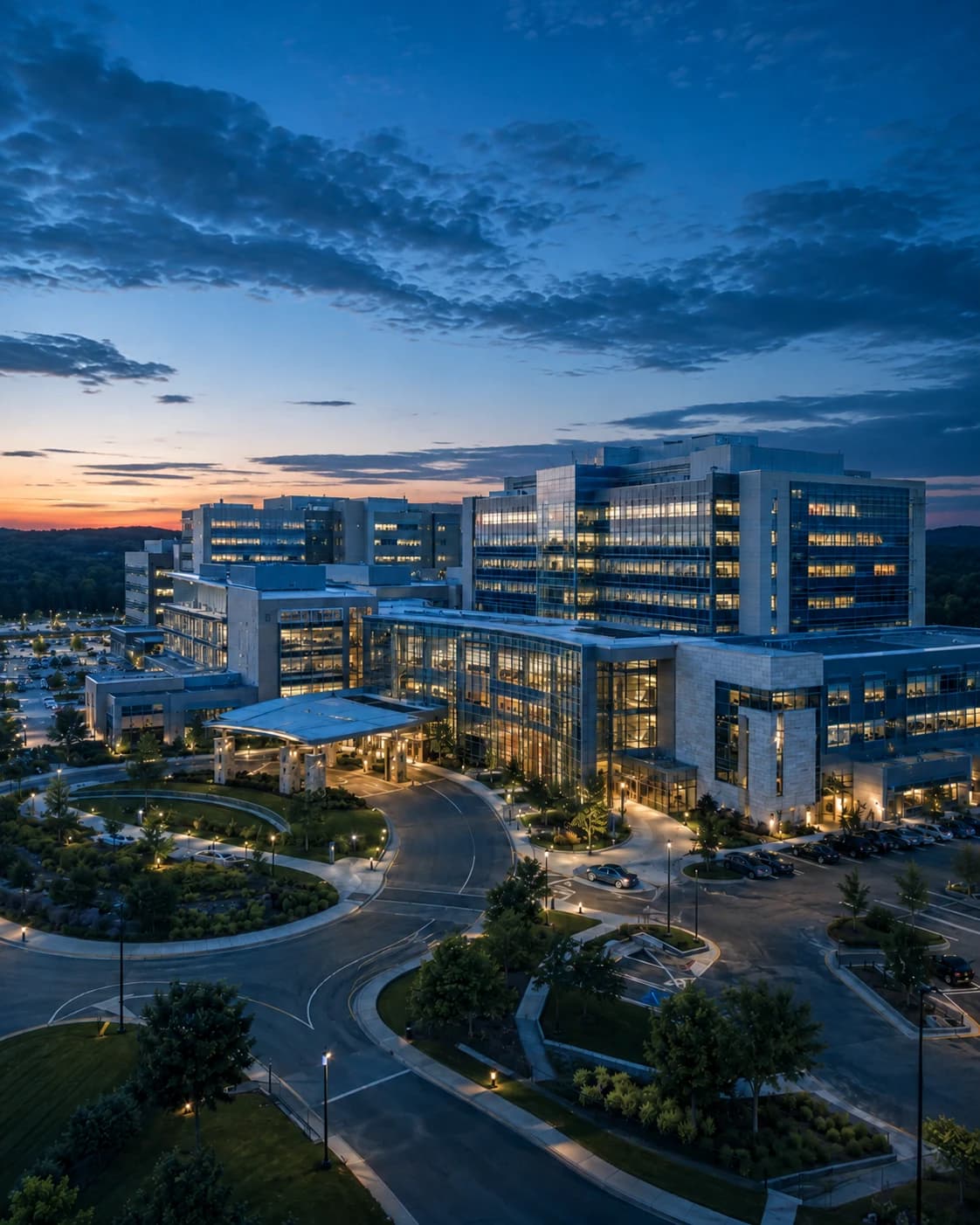 Large healthcare and hospital campus at sunset