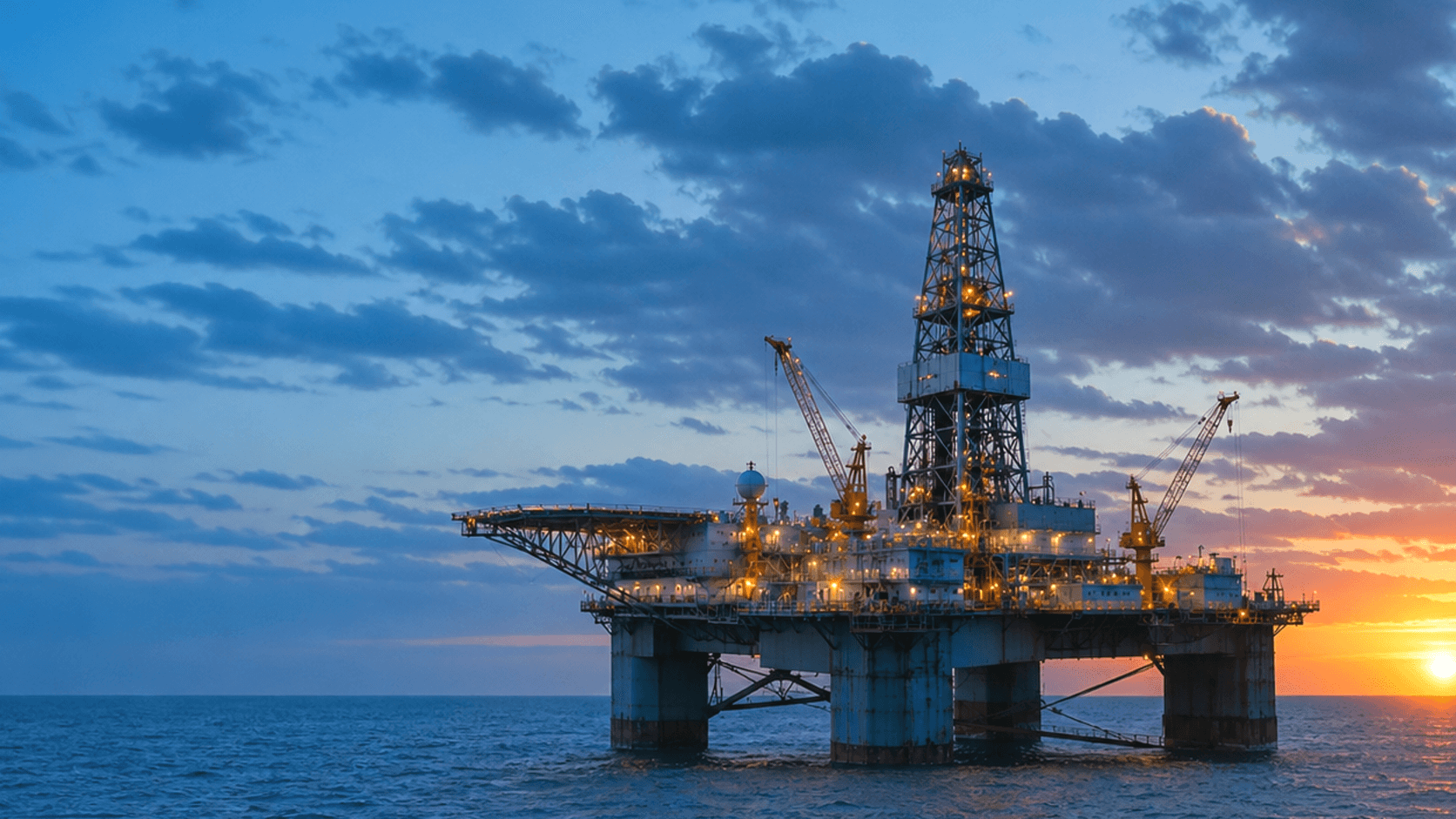 Offshore oil rig illuminated at sunset
