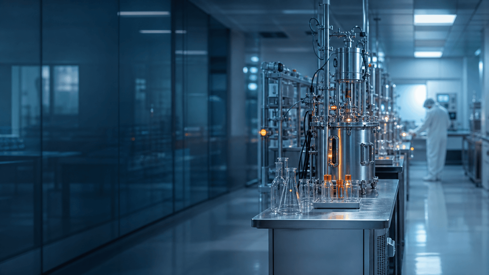 Researcher working beside laboratory development equipment